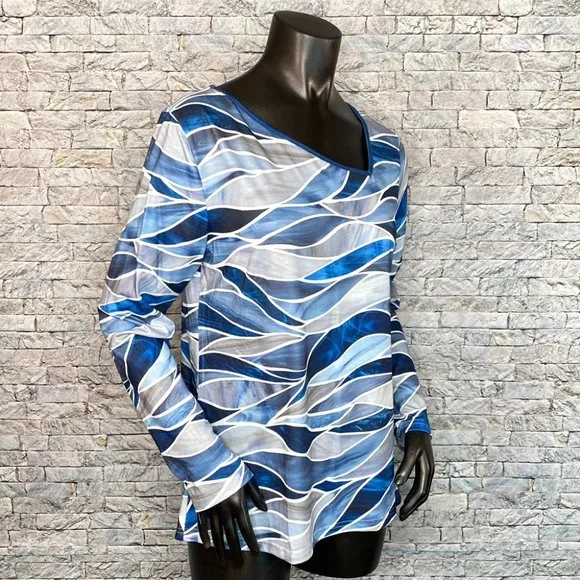 Noracora NWT Abstract Print Blouse Size Small Asymmetrical Neckline Long Sleeve - Picture 3 of 7